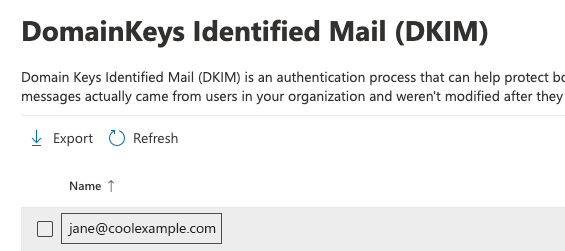 Screenshot of a domainkeys identified mail (dkim) interface with an email "jane@coolexample.com" checkbox selected in the user list.