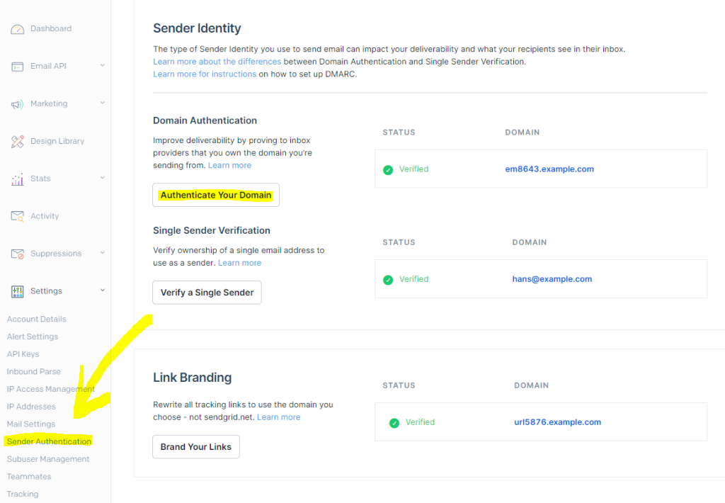 The image shows the "Sender Identity" settings page in SendGrid. It includes sections for "Domain Authentication," "Single Sender Verification," and "Link Branding," each with options to verify or authenticate. The navigation menu on the left highlights "Sender Authentication" under the "Settings" category.