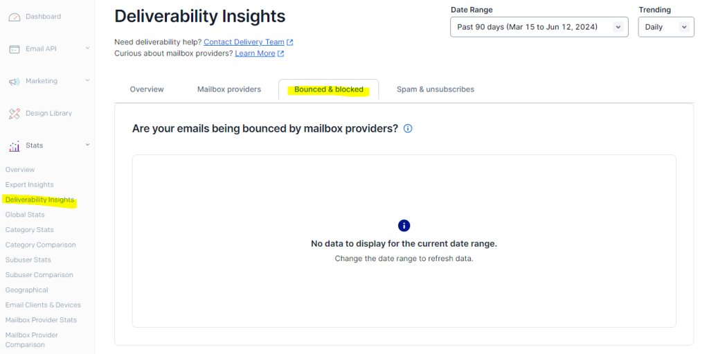 Screenshot of the "Deliverability Insights" dashboard in SendGrid. The "Bounced and blocked" tab is highlighted. The screen displays "Are your emails being bounced by mailbox providers?" but shows "No data to display for the current date range.
