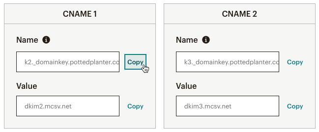 Screenshot of a webpage showing CNAME records for domain setup. There are two CNAME sections labeled "CNAME 1" and "CNAME 2". Each section includes a "Name" field with values and a "Copy" button next to it, and a "Value" field with "Copy" button next to it.