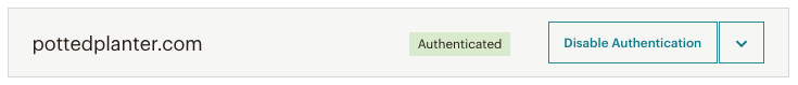 A screenshot shows the domain "pottedplanter.com" with a status indicating "Authenticated" in green. There is a button labeled "Disable Authentication" to the right, accompanied by a dropdown arrow.