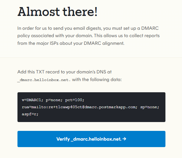 An email notification instructs the user to set up a DMARC policy for email digests. The DNS TXT record details and a blue "Verify_dmarc.helloinbox.net" button are provided for verification purposes.