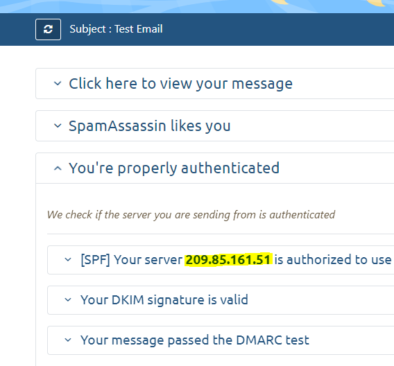 Screenshot of an email authentication test result. The subject is "Test Email." The message confirms that the SPF authentication (IP address 209.85.161.51) is authorized, the DKIM signature is valid, and the message passed the DMARC test.