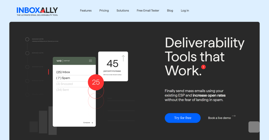 Screenshot of InboxAlly's website showing a navigation menu with features, pricing, and blog links. The main section highlights "Deliverability Tools that Work" alongside an invitation to try for free, emphasizing increased email open rates.