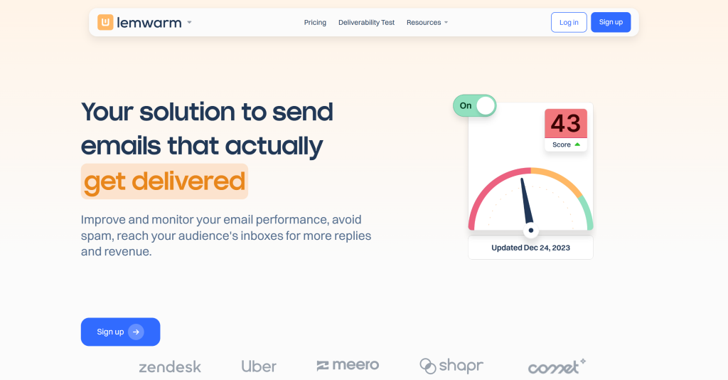Screenshot of a website offering an email delivery solution. It includes a tagline about email performance, a score gauge with a score of 43, and logos of companies like Zendesk and Uber. There are options to log in or sign up at the top.