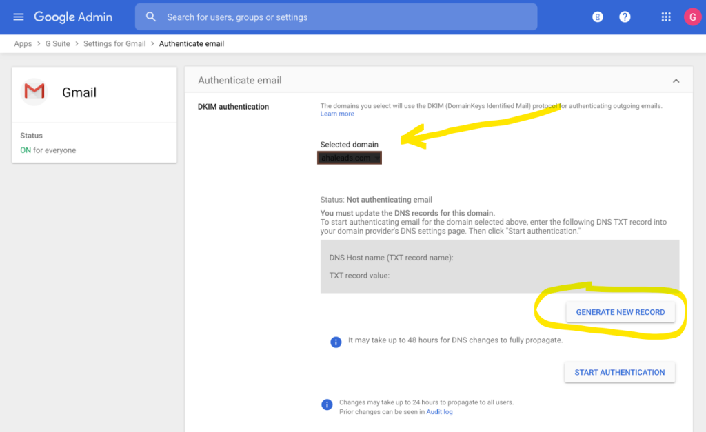 Google Workspace Admin interface for authenticating email via DKIM. It shows instructions for creating DNS records, with a highlighted "Selected domain" and a circled "Generate new record" button. An option to start authentication is visible.