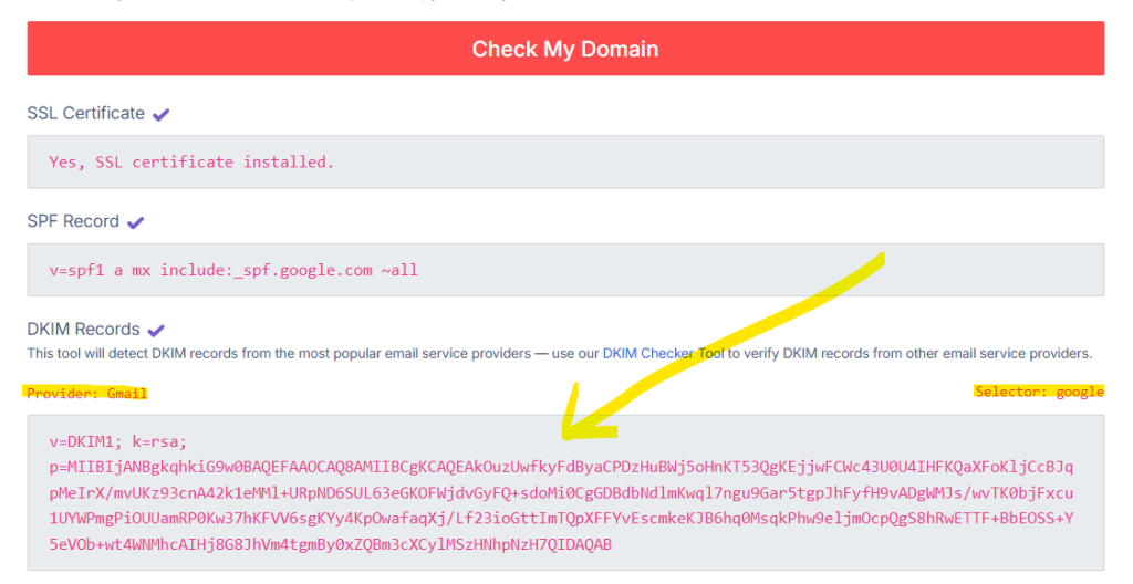 Hello Inbox's domain checking tool interface shows an SSL certificate status, SPF record details, and DKIM records for Gmail, highlighted by a yellow arrow. The SSL certificate is verified, and clear instructions are provided for record verification.