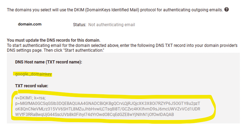 Screenshot showing the email authentication settings inside the Google Workspace Admin dashboard. The DNS host name "google._domainkey" and a highlighted TXT record value starting with "v=DKIM1; k=rsa;" are displayed.