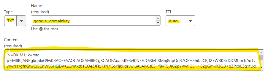 A screenshot showing DNS records setup in CloudFlare with a highlighted TXT record. The fields include Type, Name, TTL, and Content. The content field contains a cryptographic key beginning with "v=DKIM1" and followed by a long alphanumeric string.