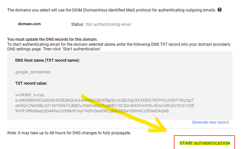 A screenshot showing instructions for setting up DKIM authentication for a domain in Google Workspace Admin dashbaord. There's a section with DNS records, including DNS Host name and TXT record value. A yellow arrow points to a red box labeled "START AUTHENTICATION.