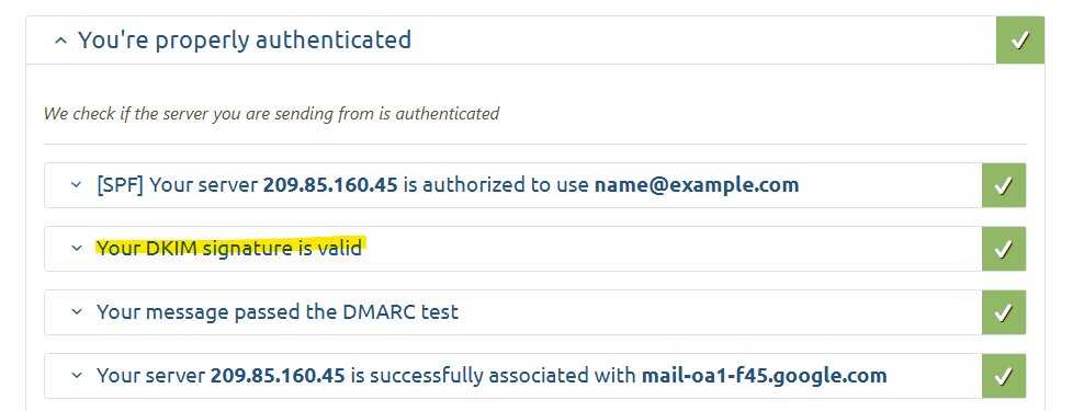 Screenshot showing successful email authentication checks: SPF, DKIM signature, DMARC test, and server association, all marked with green check marks indicating they are valid.