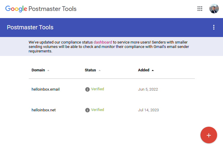 Screenshot of Google Postmaster Tools interface showing two domains: helloinbox.email and helloinbox.net. Both are verified, with added dates of Jun 5, 2022, and Jul 14, 2023, respectively. A compliance status update message is at the top.