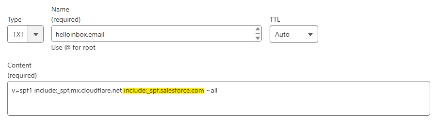 Screenshot of a TXT record configuration with fields showing "helloinbox.email" and "v=spf1 include:_spf.mx.cloudflare.net include:_spf.salesforce.com ~all".